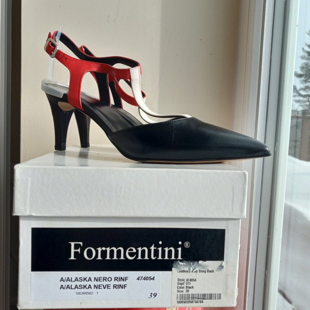 Formentini Black Leather Red White T-Strap Slingback Pumps Sz EU 39 / US 8 ITALY